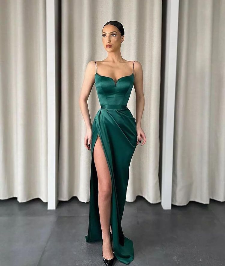 Dark Green Spaghetti-Strap Mermaid Sweetheart Prom Dress with Split | Ballbella