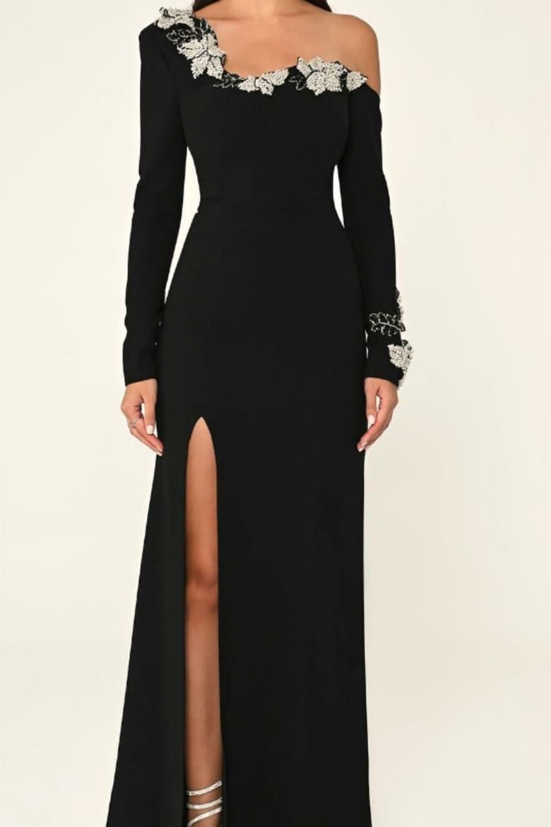 Beautiful Black Off-the-Shoulder Long-Sleeve Slim Split Prom Dress with Beadings | Ballbella