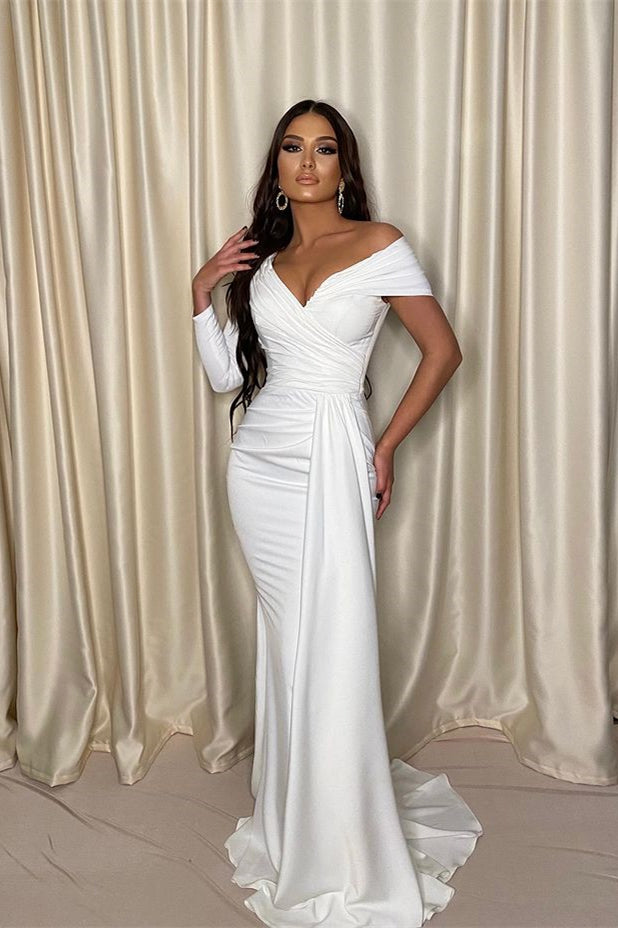 Classy Off-the-Shoulder One-Shoulder Long-Sleeve White Evening Dress Mermaid | Ballbella