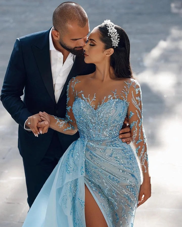 Mermaid Long-Sleeve Sky Blue Evening Dress with Sequins and Appliques | Ballbella