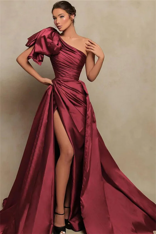 Gorgeous Burgundy One-Shoulder Split Mermaid Prom Dress | Ballbella