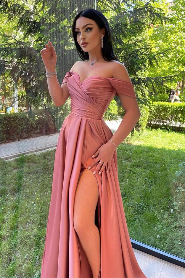 Dusty Pink Off-the-Shoulder Evening Dress with Sweetheart and Front Split | Ballbella