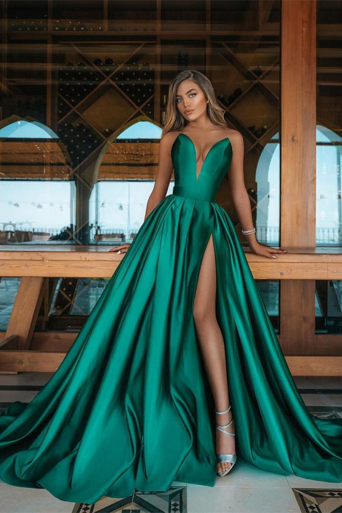 Emerald Green Long V-Neck Prom Dress with Split | Ballbella