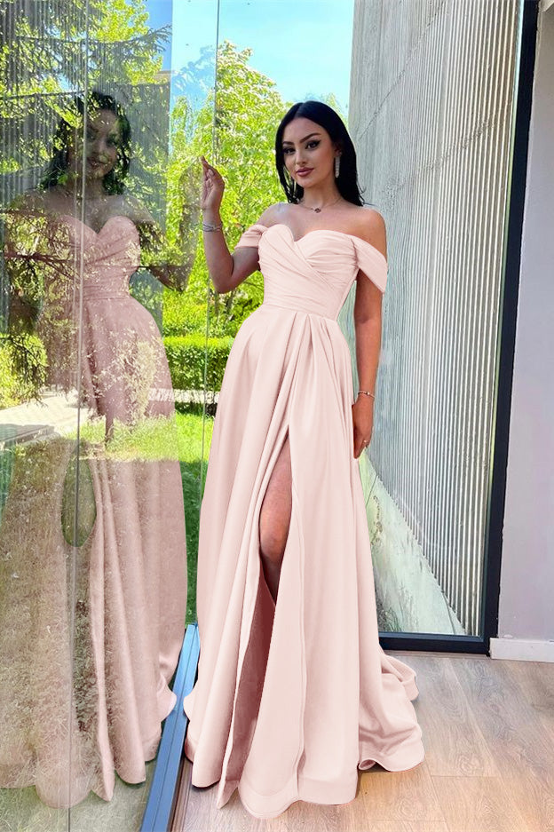 Dusty Pink Off-the-Shoulder Evening Dress with Sweetheart and Front Split | Ballbella