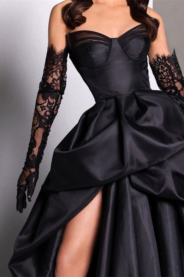 Black Taffeta Sweetheart Prom Dress with Long Lace Gloves and Slit | Ballbella