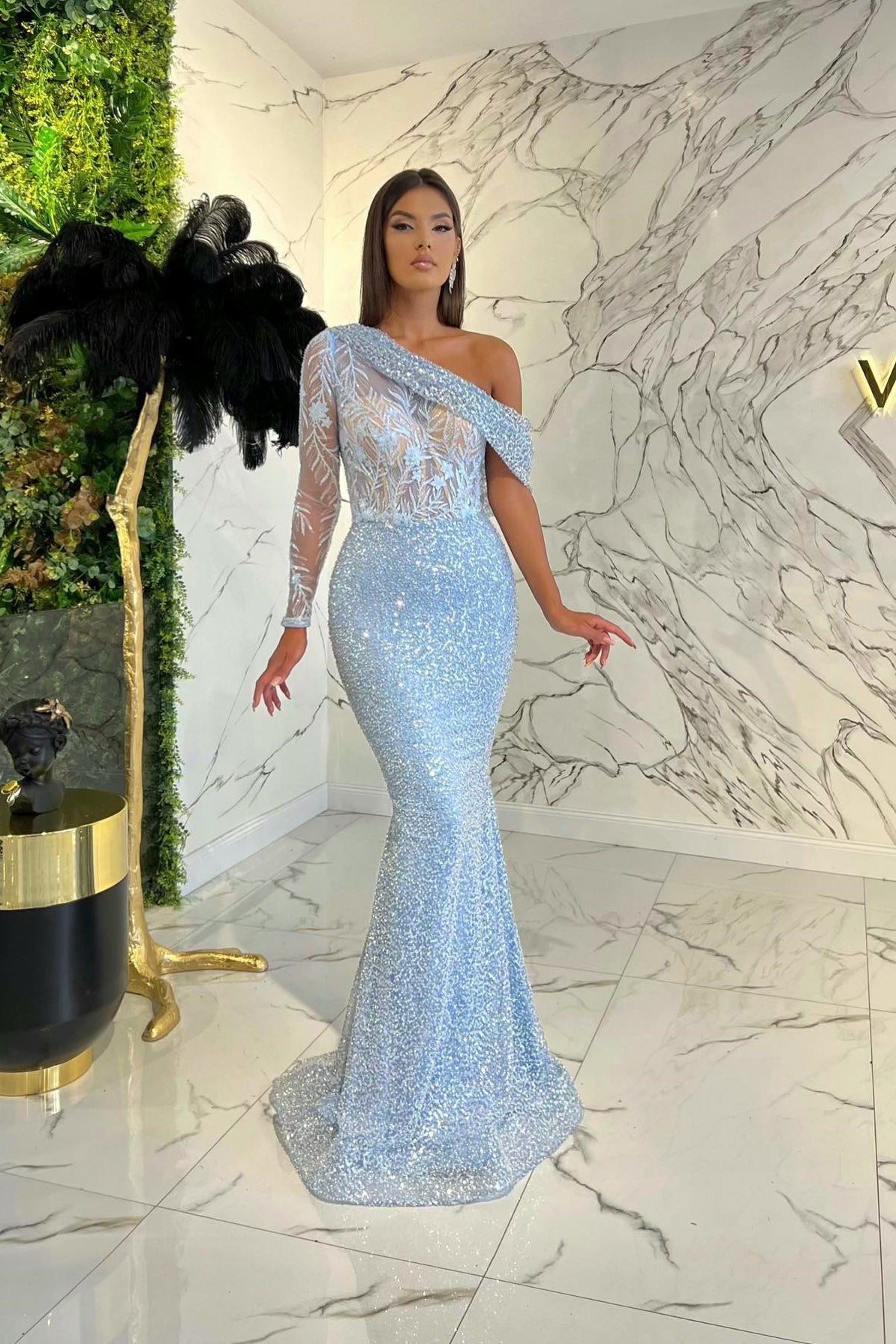 Amazing One-Shoulder Long-Sleeve Mermaid Evening Dress with Sequins | Ballbella