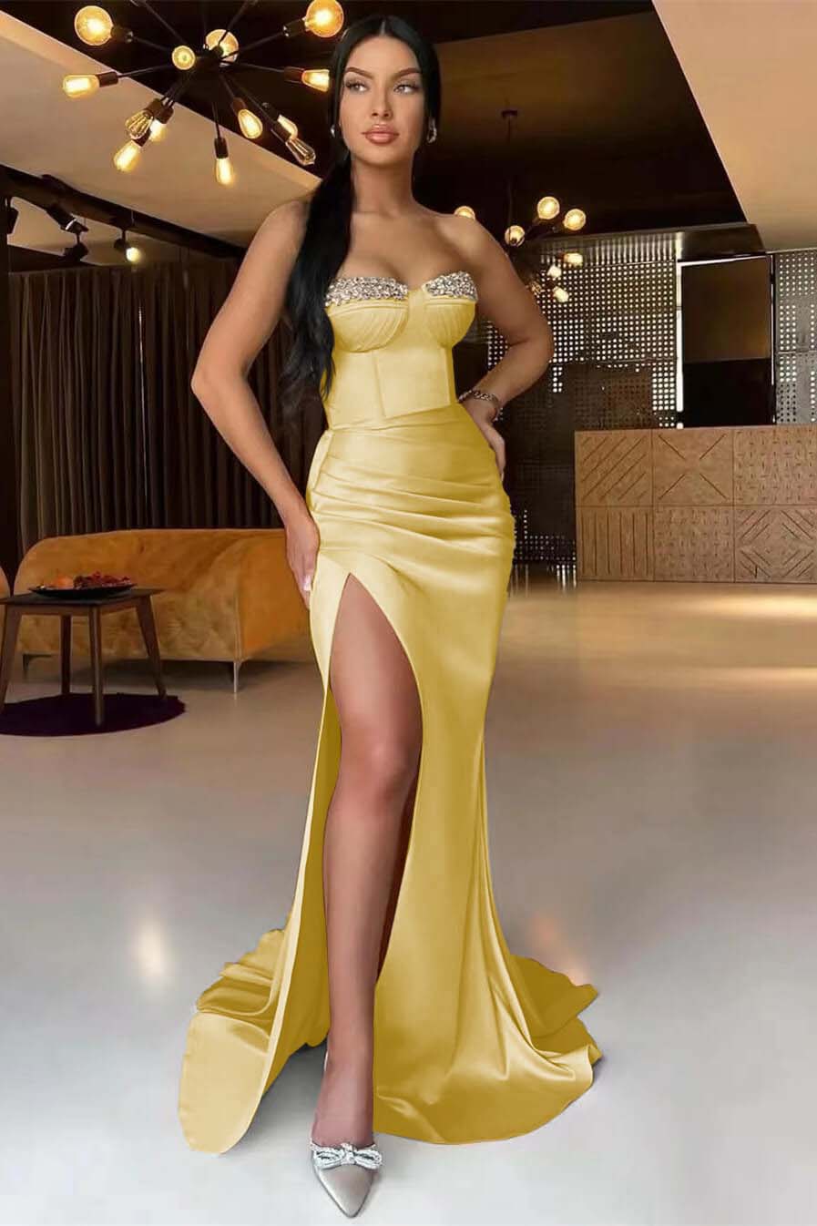 Beautiful Dark Champagne Strapless Slit Mermaid Long Prom Dress with Beads and Pleats | Ballbella