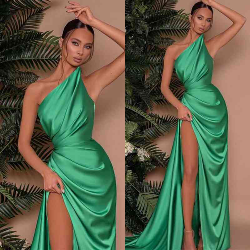 Green Elegant One-Shoulder Sleeveless Mermaid Front Split Evening Dress | Ballbella