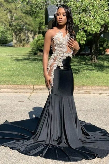 Classic Black Mermaid Strapless Prom Dress with White Appliques | Ballbella