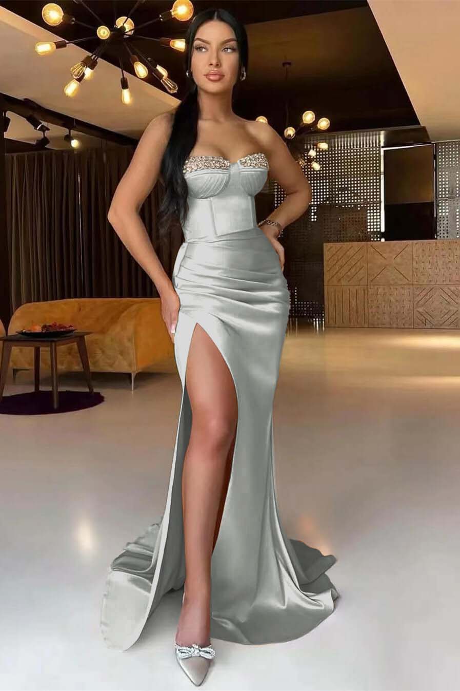 Beautiful Dark Champagne Strapless Slit Mermaid Long Prom Dress with Beads and Pleats | Ballbella