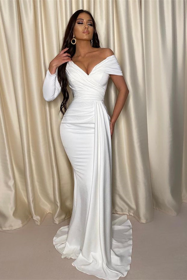 Classy Off-the-Shoulder One-Shoulder Long-Sleeve White Evening Dress Mermaid | Ballbella