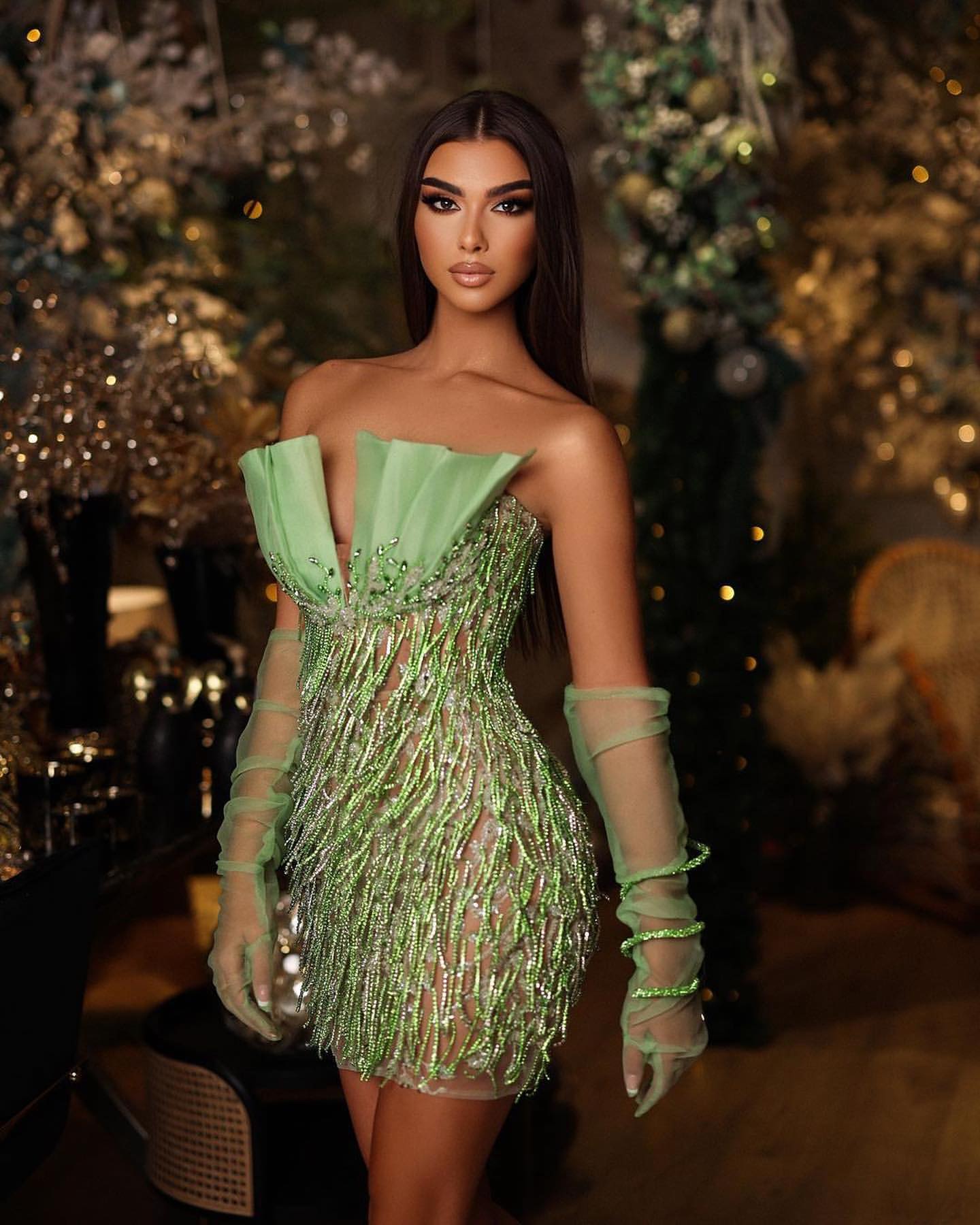 Green Beaded Rhinestone Short Prom Dress with Lace Gloves | Ballbella