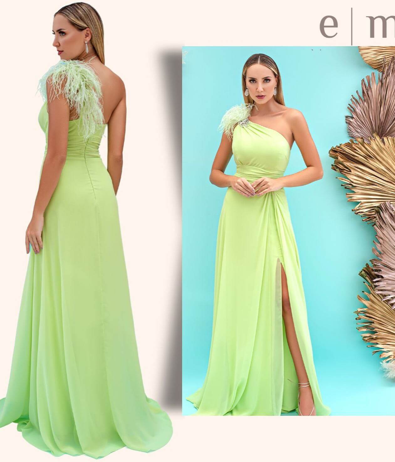 Front Light Green Split Mermaid One-Shoulder Evening Dress with Feather | Ballbella