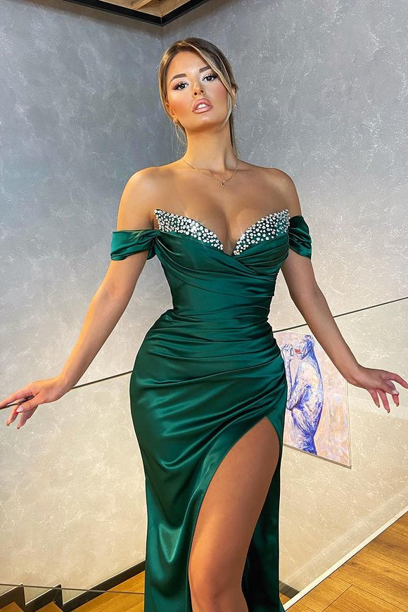 Dark Green Off-the-Shoulder Prom Dress Mermaid with Split | Ballbella