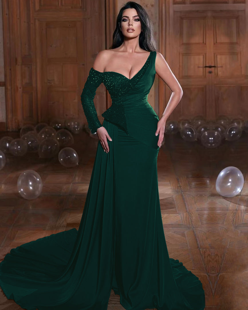 Long-Sleeve Dark Green One-Shoulder Evening Dress Mermaid with Ruffles | Ballbella