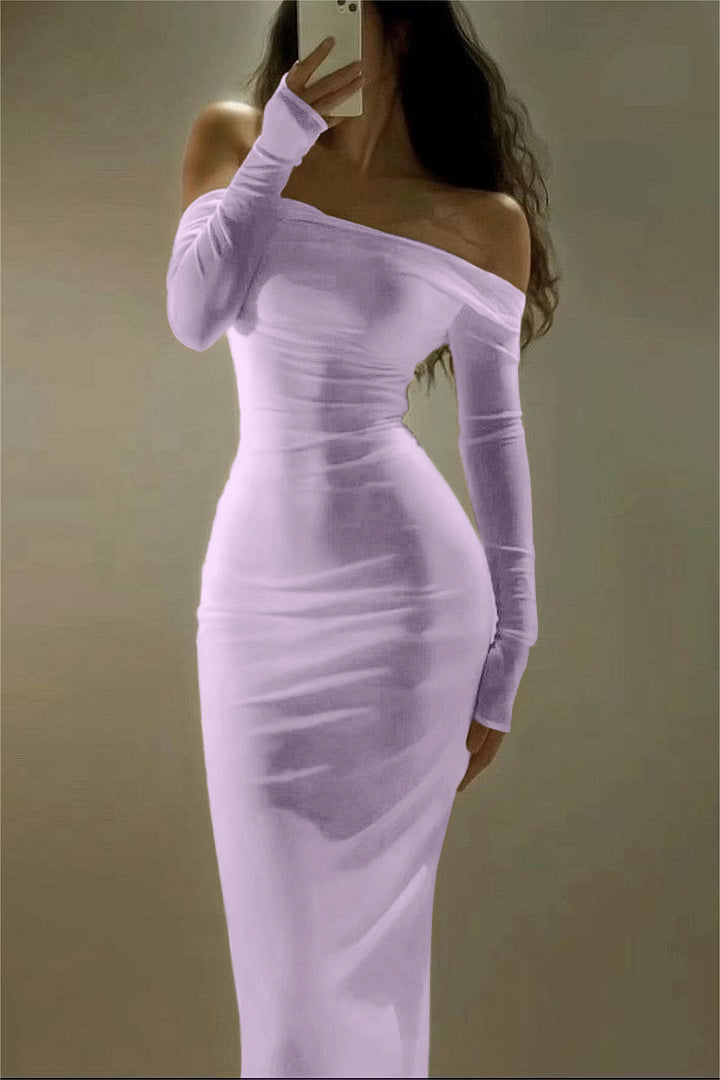 Chic Satin Ivory Off-the-Shoulder Long Sleeve Prom Dress with Pleats | Ballbella