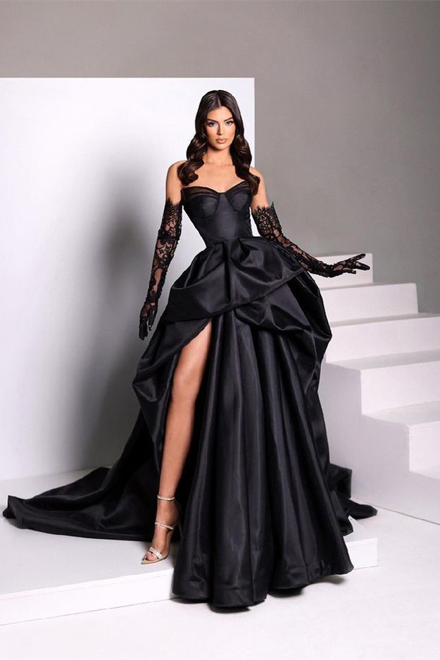 Black Taffeta Sweetheart Prom Dress with Long Lace Gloves and Slit | Ballbella