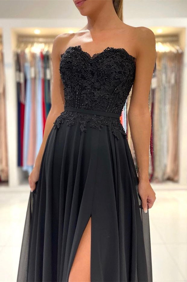 Black Sweetheart Appliques Prom Dress with Split | Ballbella