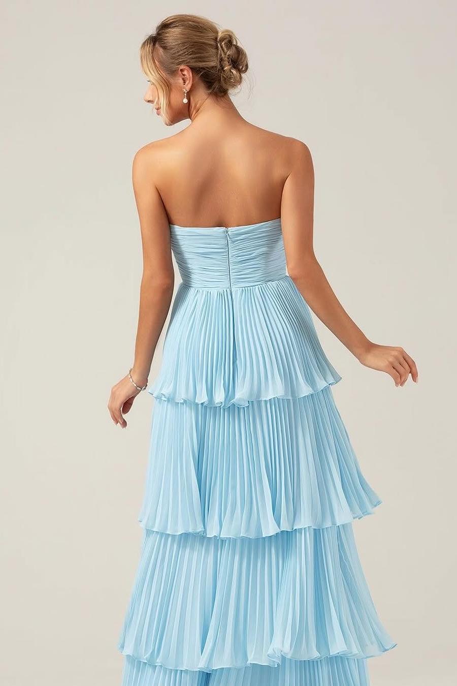 Glamorous Sky Blue Sleeveless Sweetheart Strapless Prom Dress with Ruffles | Ballbella