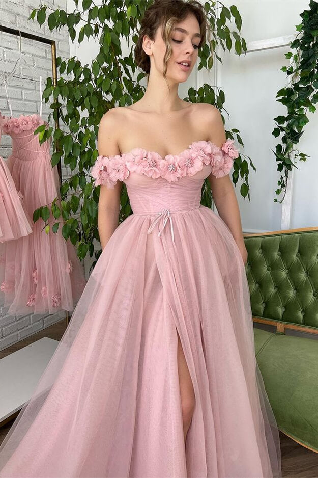 Dusty Pink Strapless A-Line Off-the-Shoulder Evening Dress with Tulle Appliques and Split | Ballbella