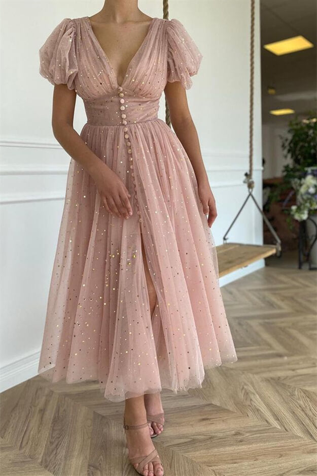 Elegant Taupe Pink V-Neck Short-Sleeve Prom Dress with Sequins | Ballbella