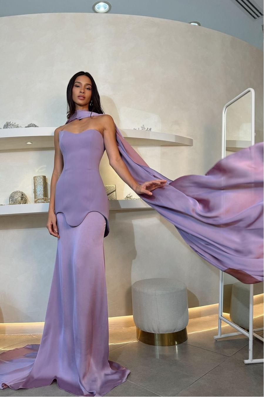 Amazing Purple Satin Strapless Sleeveless Long Slim Prom Dress with Scarf | Ballbella