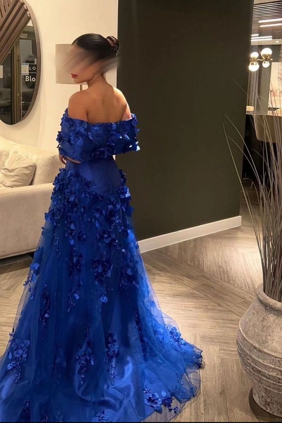 Chic Royal Blue Satin Off-the-Shoulder Strapless Prom Dress with Flowers | Ballbella