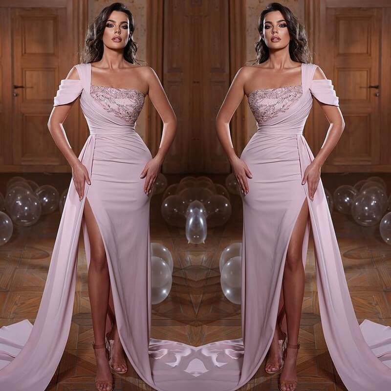 Glamorous One-Shoulder Mermaid Evening Dress with Split and Ruffles | Ballbella