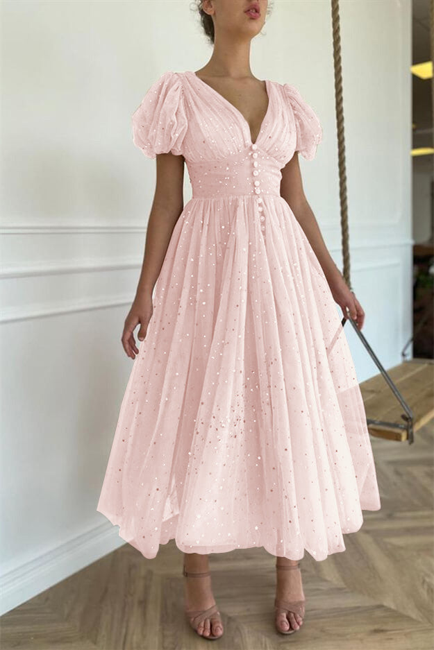 Elegant Taupe Pink V-Neck Short-Sleeve Prom Dress with Sequins | Ballbella