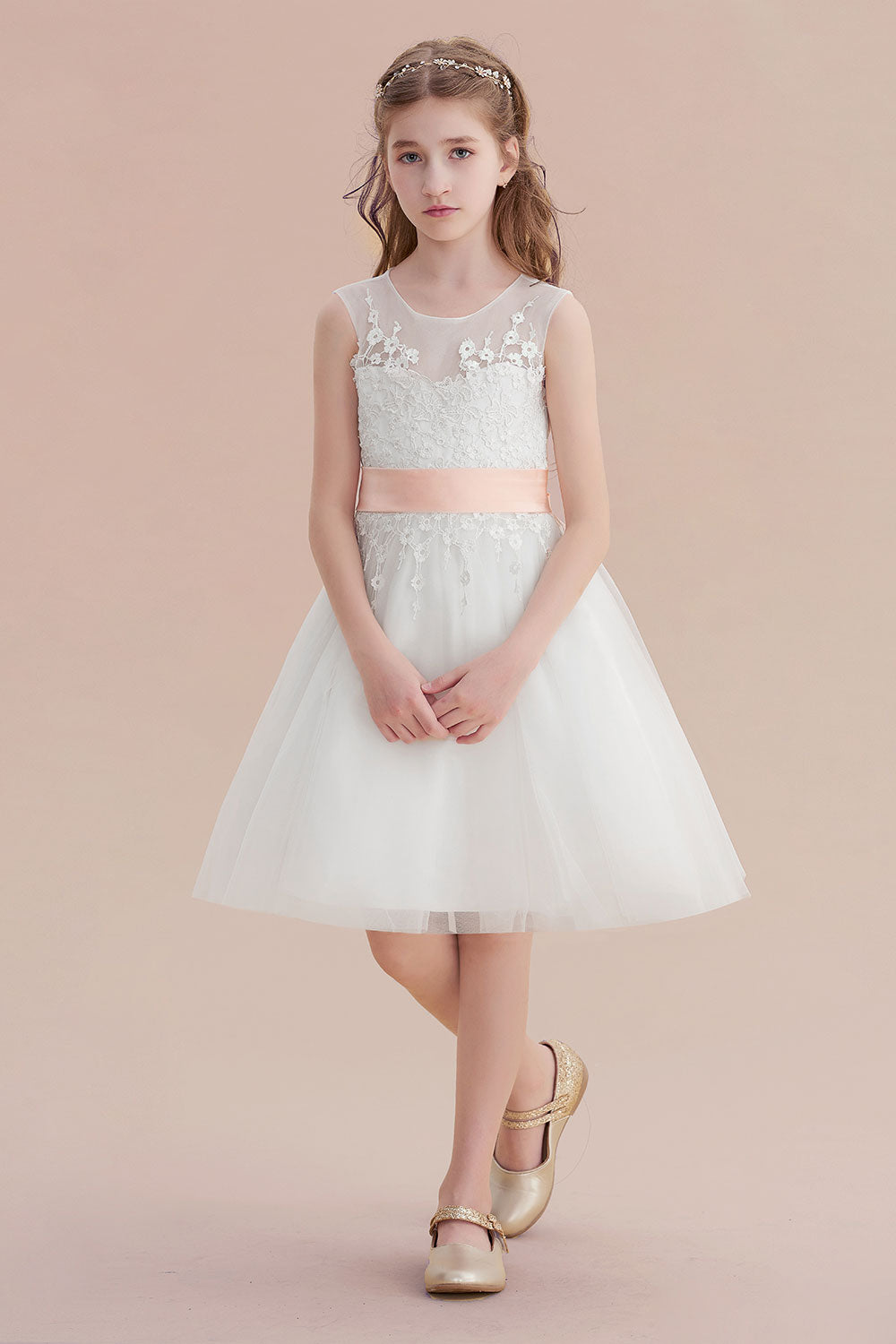 Illusion Appliques Tulle A-line Flower Girl Dress