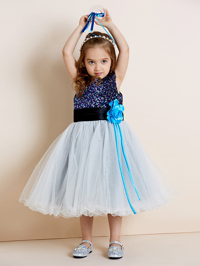 A-Line Tea Length Tulle & Sequined Sleeveless Jewel Neck Dress with Sash Ribbon Sequin Draping and Mini Me