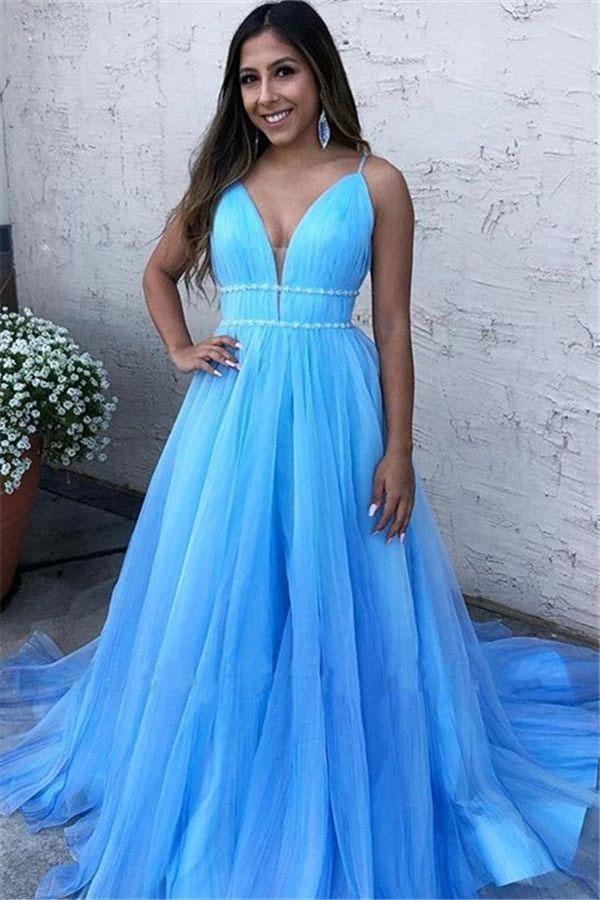 Elegant Sky Blue Long Tulle Evening Dress