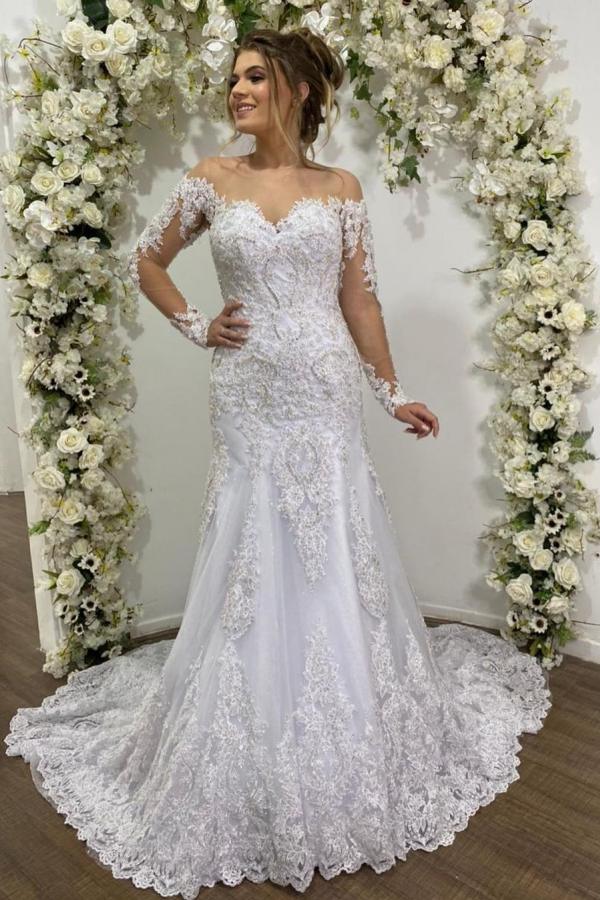 Beautiful Mermaid Lace Wedding Dress with Tulle Sleeves and Off-the-shoulder Design