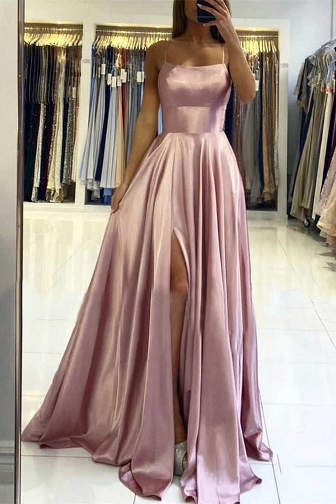 Stunning Pink Prom Dress With Slit Spaghetti-Straps