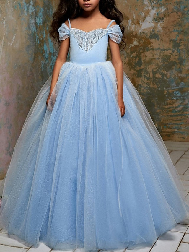 Short Sleeve Ball Gown Flower Girl Dress With Pendant