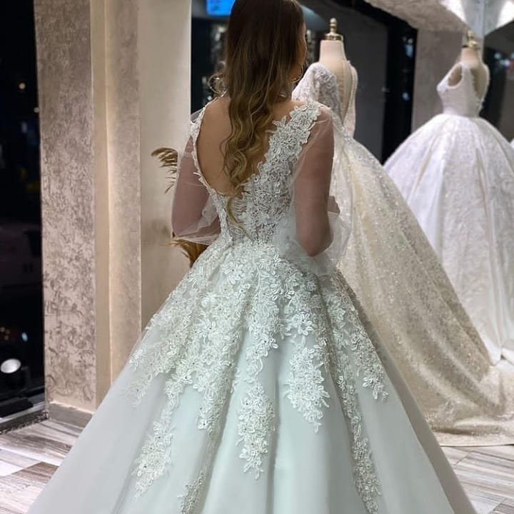 Unique A-Line V-Neck Appliques Lace Tulle Wedding Dress With Puffy Long Sleeves