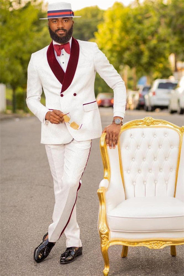 Stylish White Jacquard Double Breasted Wedding Suit for Men's Party with Burgundy Lapel