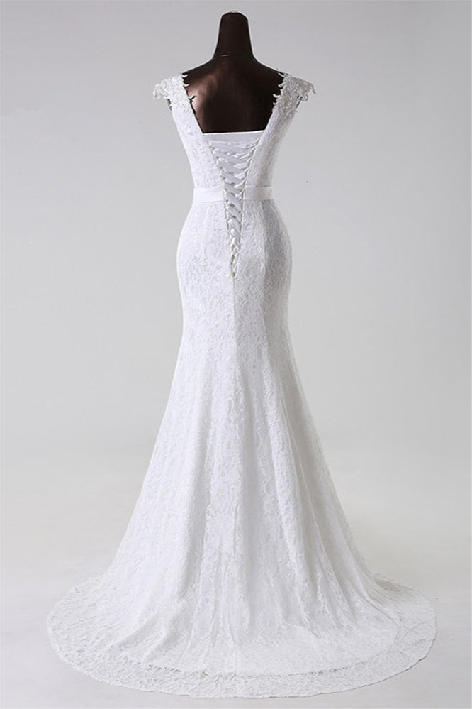 Gorgeous Jewel Long Lace Mermaid Wedding Dress With Appliques