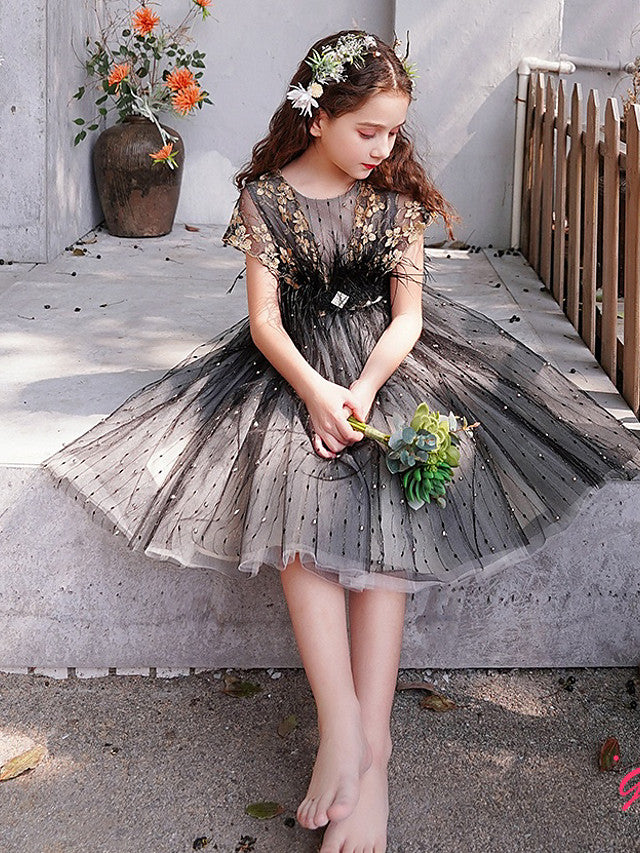 Luxurious A-Line Jewel Short Sleeve Knee Length Flower Girl Dress