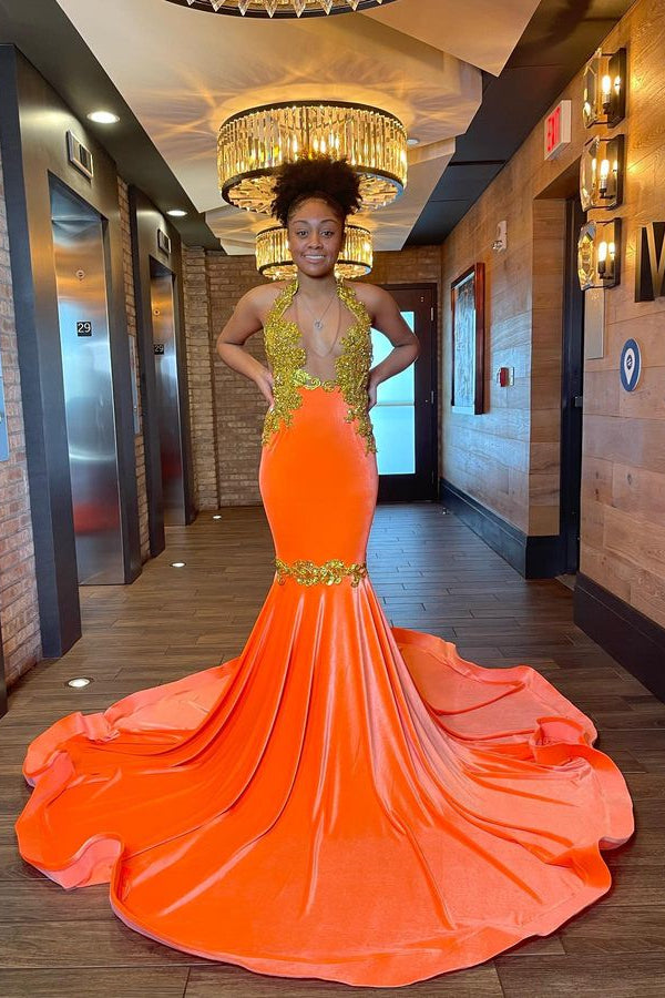 Sleeveless Orange Mermaid Elegant Prom Dress With Appliques and Beads