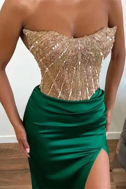 Mermaid Prom Dress with Green Applique Beadings and Strapless Split