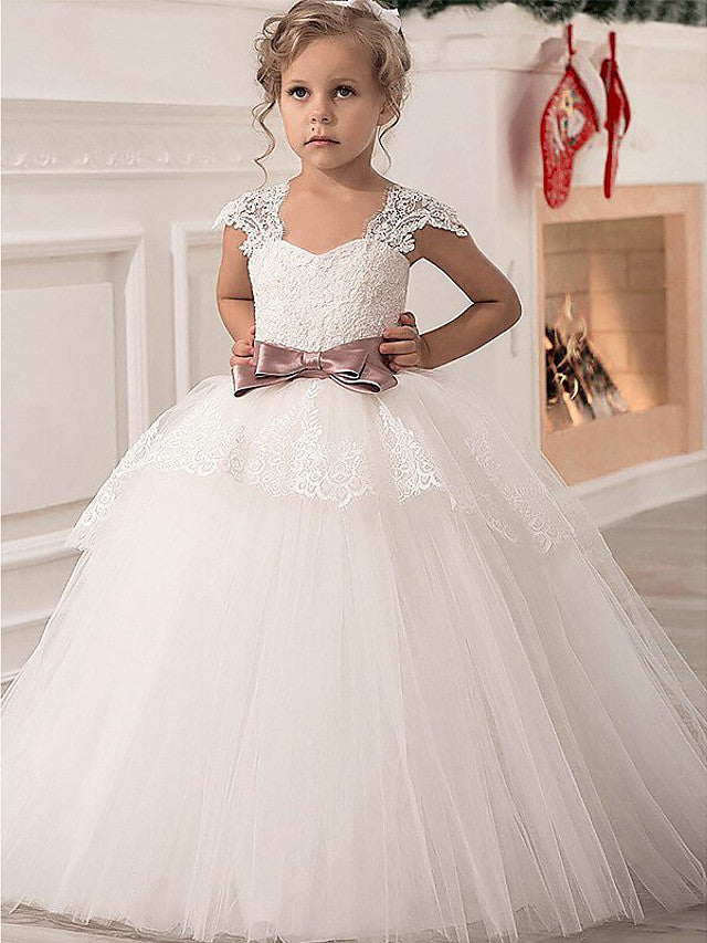 Princess Point Floor Length Junior Flower Girl Dress With Lace Sash Ribbon