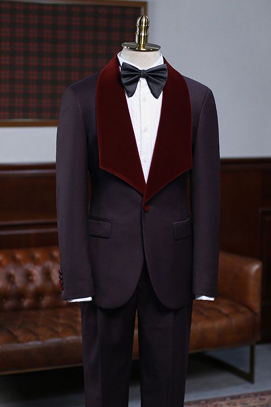 Trendy Burgundy 2-Piece Wedding Suit with Velvet Lapel for Grooms - Alexander