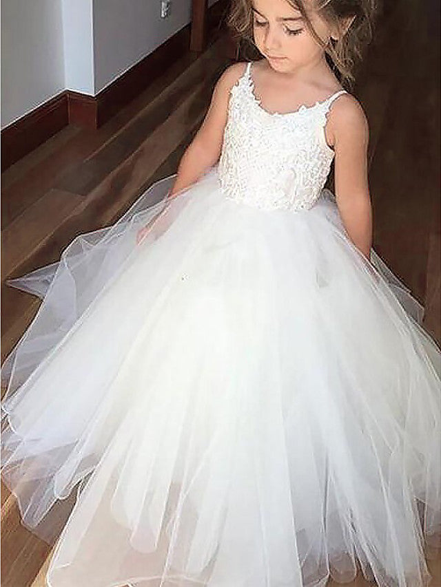 A-Line Floor Length Flower Girl Dress with Satin Tulle Sleeveless and Jewel Appliques