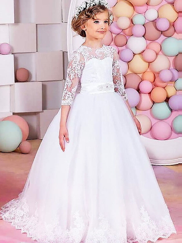 Half Sleeve Jewel Neck Flower Girl Dress with Lace Tulle Sash Ribbon Bow and Solid Color