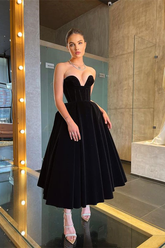 Long Black Tea-Length Prom Dress