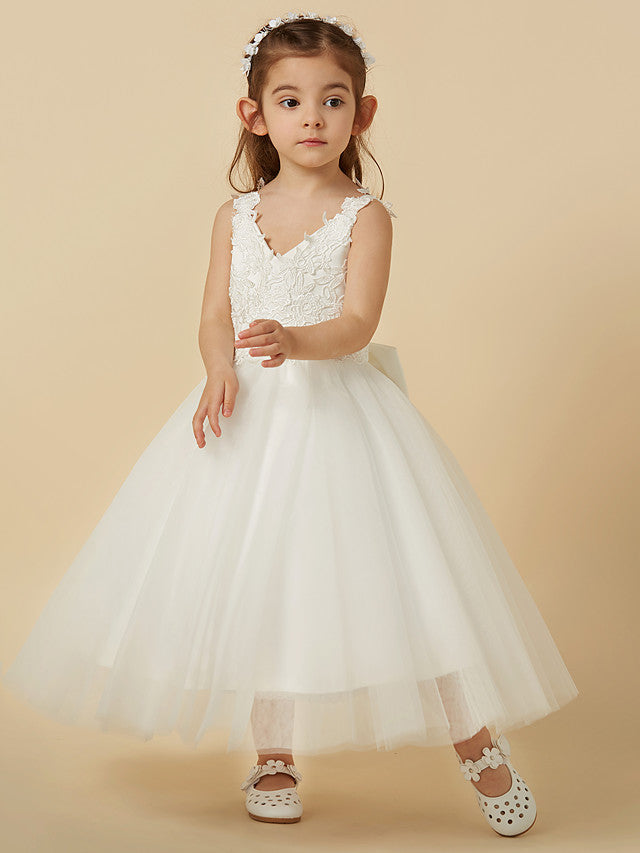 Lace Tulle A-Line Flower Girl Dress with Sleeveless V-Neck & Bow