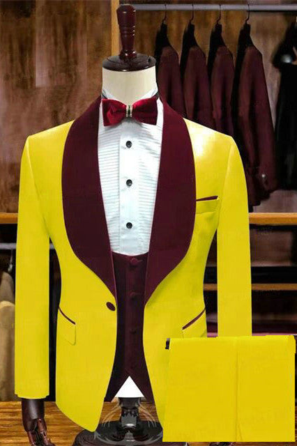 Pedro Yellow One Button Groom Suit with Velvet Lapel