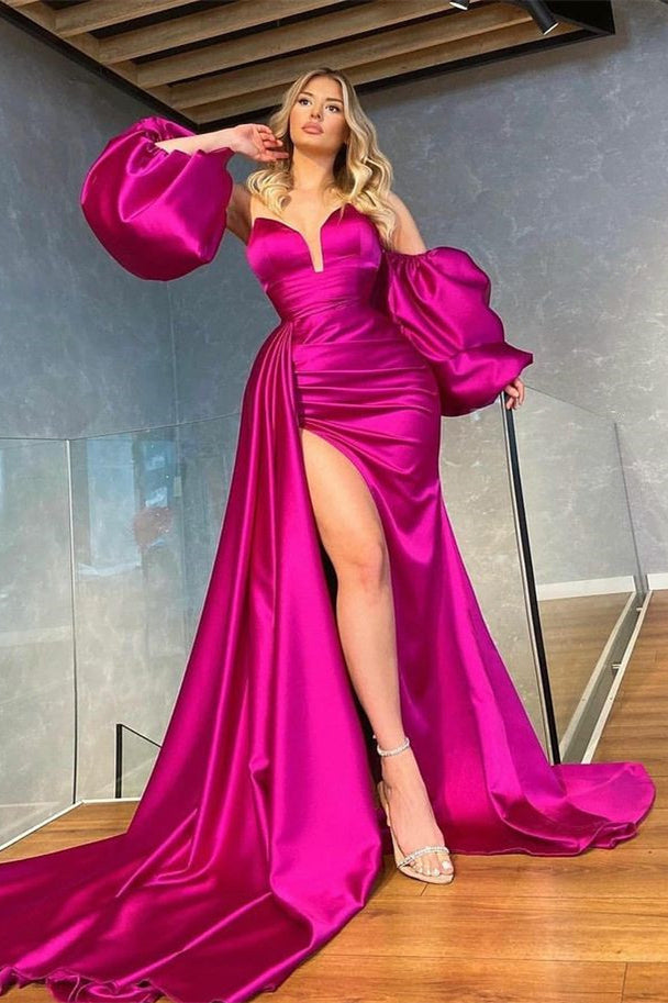 V-Neck Detachable Sleeves Long Evening Prom Dress with Shiny Split & Ruffles