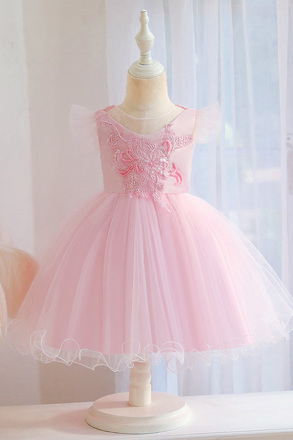 Pink Floral Jewel Ball Gown for Flower Girls with Appliques